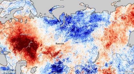 A satellite map which shows the intense heat that has built up over Russia after the jetstream has been held up due to Rossby waves